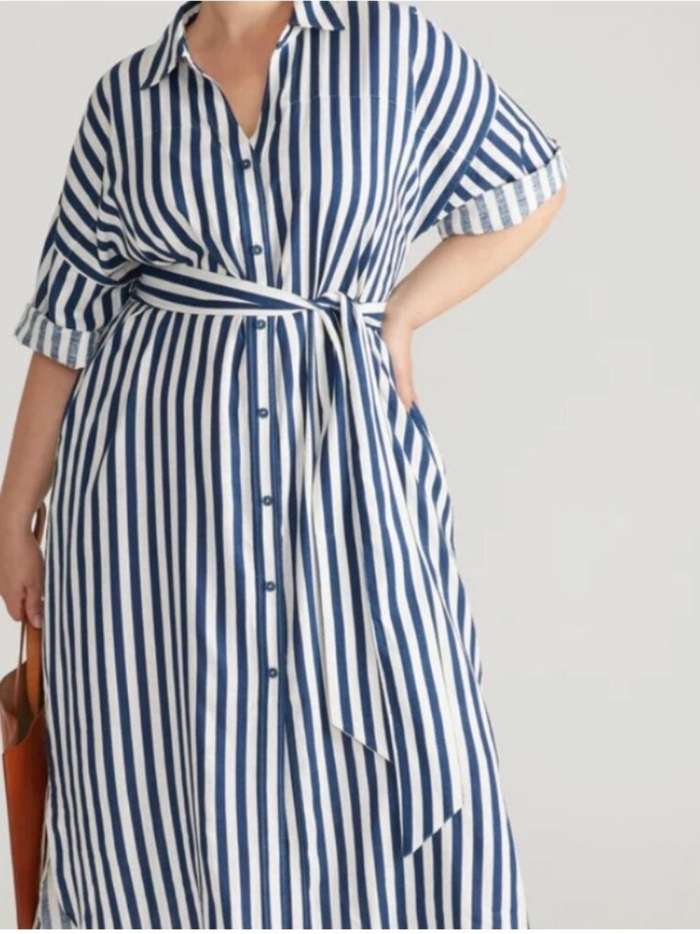 Universal Standard Linen Striped Button-Front Shirt Dress with Tie Waist